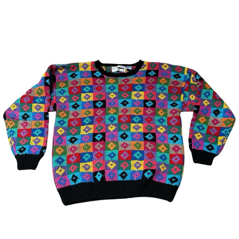 VTG Northern Isles Hand Knit Sweater Multicolor Geometric Pattern Ramie Cotton L